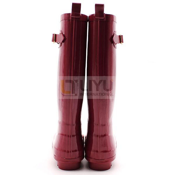 Women's Simple Red Tall Wellington Boots Rubber Garden Shoes Gumboots with Adjustable Buckle