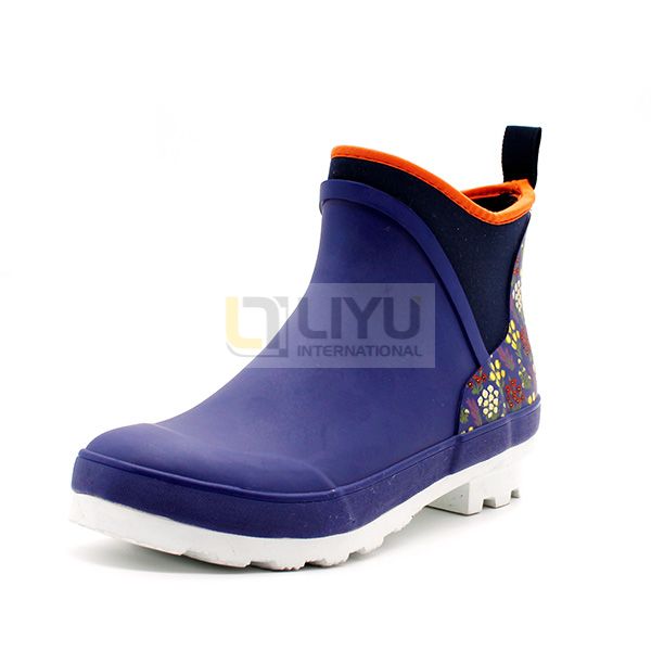 Women's Outdoor Boots Blue Printed Wellington Boots Waterproof Ankle Rubber Shoes