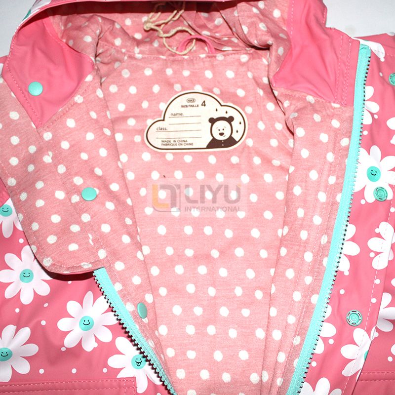 Kids Pink PU Raincoat Polyester Umbrella Rubber Rain Boots Combination Pink Flower Print Rain Gear Set