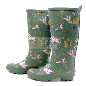Women's Green Printed Knee-high Rubber Rain Boots Garden Rubber Shoes Fashion Gumboots