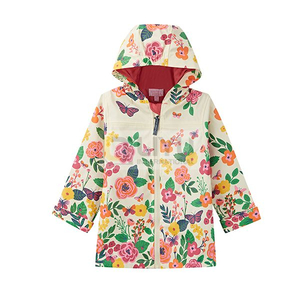 Girls Floral Printed Waterproof Jacket Kids Fleece Lined Rain Coat PU Windbreaker with Hood