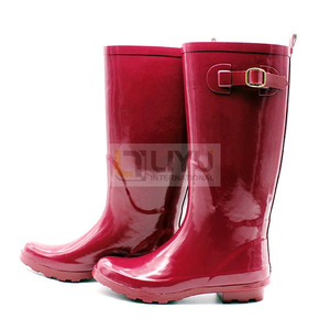 Women's Simple Red Tall Wellington Boots Rubber Garden Shoes Gumboots with Adjustable Buckle