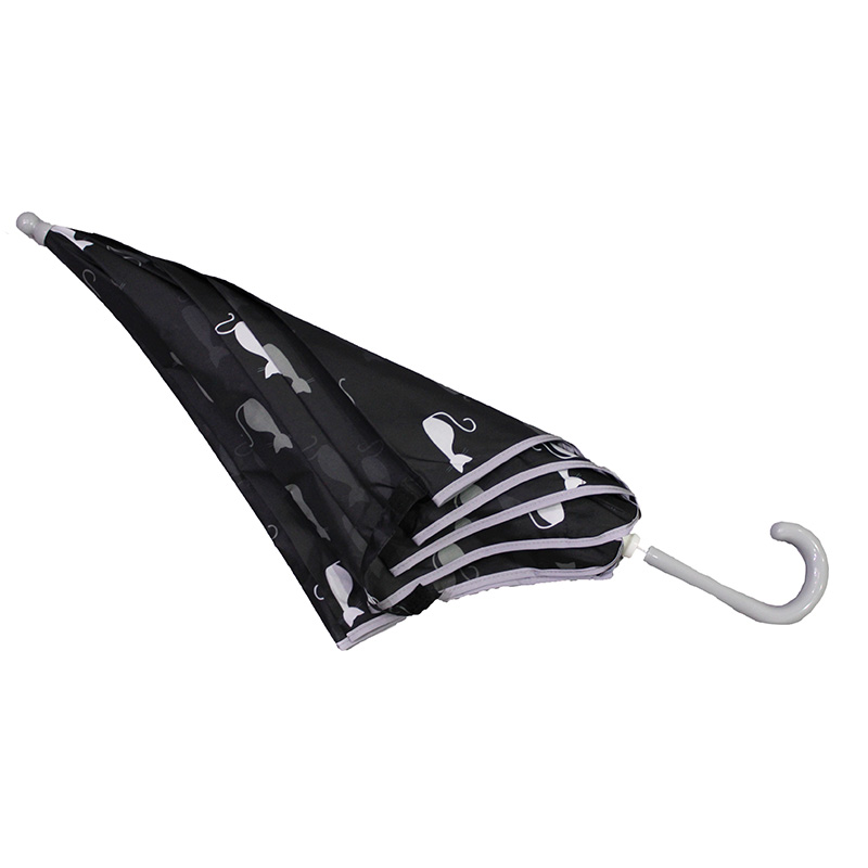 Cat Printed Manual Open 8 Ribs Kids Stick Umbrellas with Reflective Strip And Hidden Safety Beads