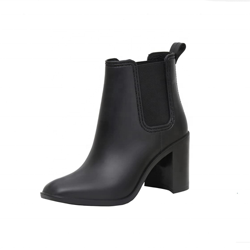 Custom Fashion Waterproof Black Chelsea PVC High Heel Rain Boots With Memory Foam Insoles For Woman